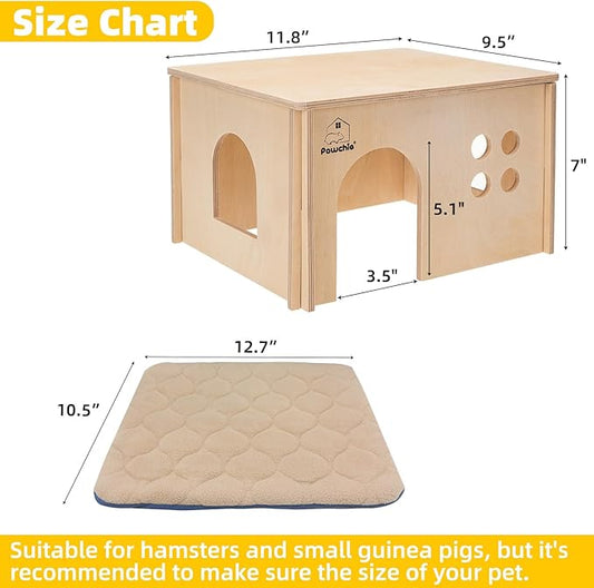 PAWCHIE Guinea Pig House Hide - Wooden Hideout for Chinchilla Small Animals, Habitat with Windows Guinea Pig Hamster Rat Living