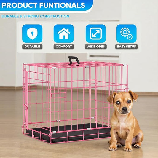 FDW Dog Crate for Small Dogs 18 Inch Folding Metal Wire Pet Cage Single Door W/Divider Panel Indoor Outdoor Kennel Leak-Proof Plastic Tray,Pink
