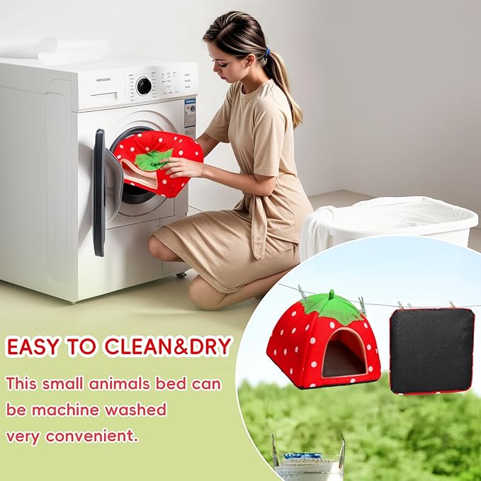Guinea Pig Bed Rabbit Hideout Cozy Hamster Cave Leash Accessories Warm Fleece Cuddle Cup Washable Winter Sleeping House for Small Pet Strawberry Style