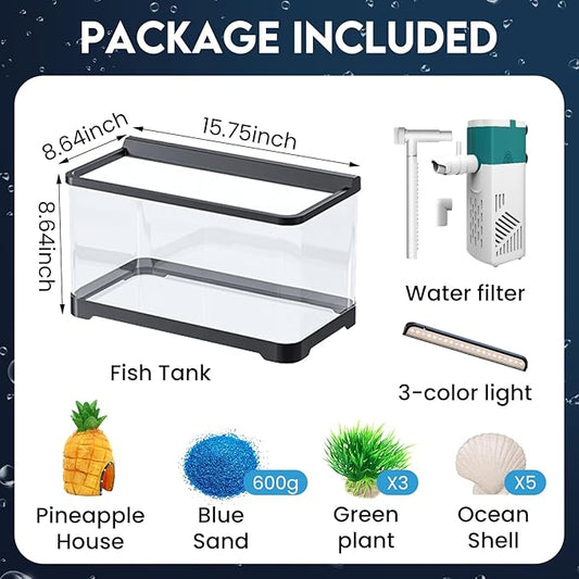 LED Aquarium Fish Tank Kit,(Light + Filter + Green Plants + Blue Sand + Pineapple Houses + Shells) Black, 4.5 Gallon (Now)