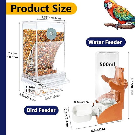 VERTUPET No Mess Bird Feeders with Water Dispenser Automatic Transparent Acrylic Food Container Drinker for Cage Automatic Parrot Feeder Seed Container Cage Accessories (Orange)