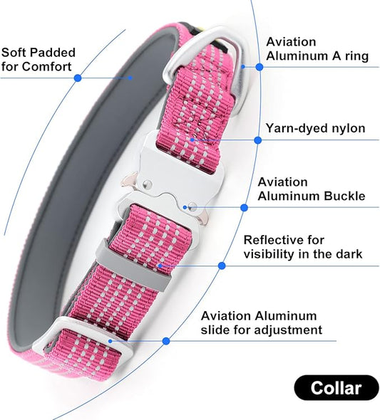 Plutus Pet Reflective Dog Collar with Aviation Aluminum Buckle, Neoprene Padded for Comfort, Lightweight, Heavy Duty Nylon Collar for Puppy Small Medium Large Dogs (Pink, M)