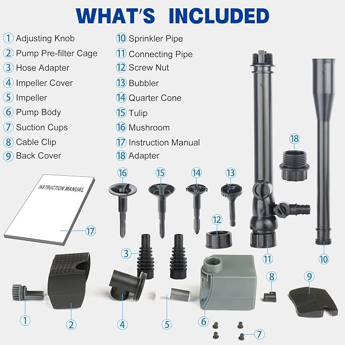 OYO WATER Pond Pumps Submersible Outdoor,185GPH Water Fountain Pump with Fountain Kits for Small Ponds