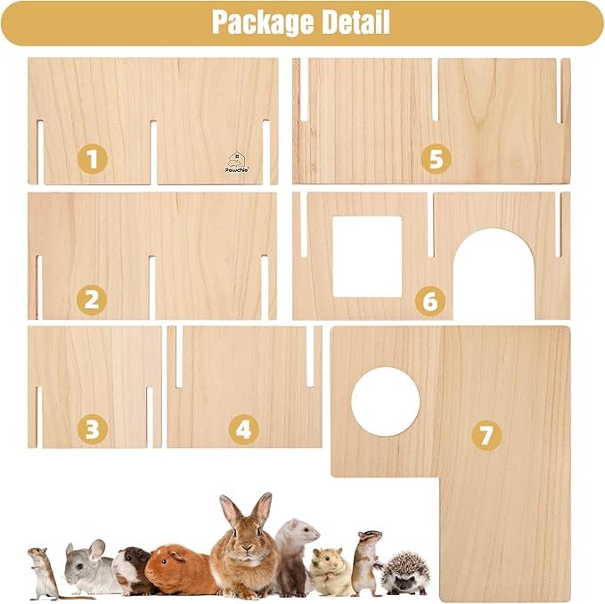 PAWCHIE Guinea Pig Hideout Hamster House with Multi-Rooms - Small Animals Pets Hideout Multi-Chamber Wooden Hut Habitats Decor Tunnel for Guinea Pigs, Hamsters, Chinchillas