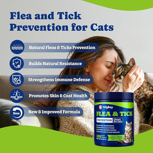 Flea and Tick Prevention for Cats - 200 Soft Chews Natural Cat Flea Treatment, Salmon & Blueberry Flavor - Flea Treatment for Cats, Cat Oral Flea, Immune Support Supplement