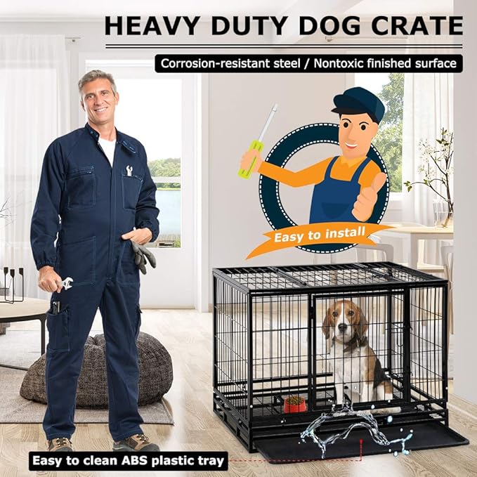 Dog Crate Cage for Large Dogs Heavy Duty 48 Inches Dog Kennel Pet Playpen for Training Indoor Outdoor with Plastic Tray Double Doors & Locks Design