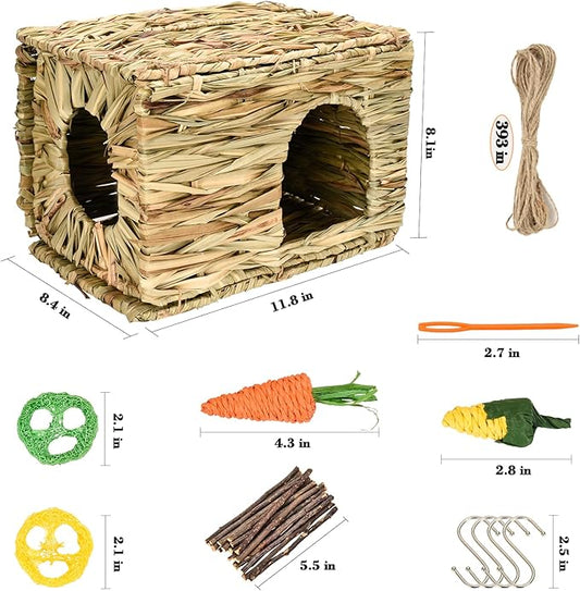 Grass House for Rabbits,Sangle Sopffy,Hand Woven Bunny Grass House,Natural Grass Hideaway for Bunny Guinea Pig Chinchilla Ferret Hamster Squirrel with Rabbit Chew Toys (1 Set, 11.8 * 7.8 * 7.8 inch)