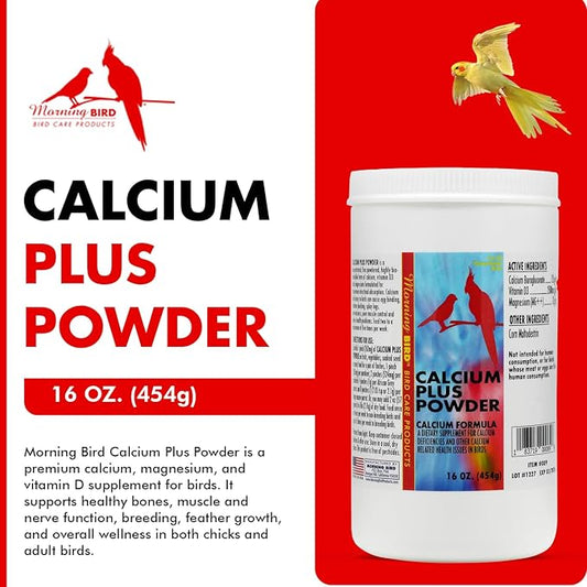 Morning Bird Calcium Plus Powder for Birds 16 oz – Calcium Carbonate Powder with Magnesium Glycinate & Vitamin D – Bone Strength & Immune Support Supplement – Calcium Formula for All Bird Sizes