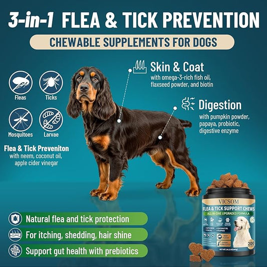 Flea and Tick Prevention for Dogs Chewable, 200 Soft Treats Natural Oral Dog Flea and Tick Treatment Chews Support Dog Skin & Digestive Supplement for Dogs Puppies All Breeds & Ages, Beef Flavor