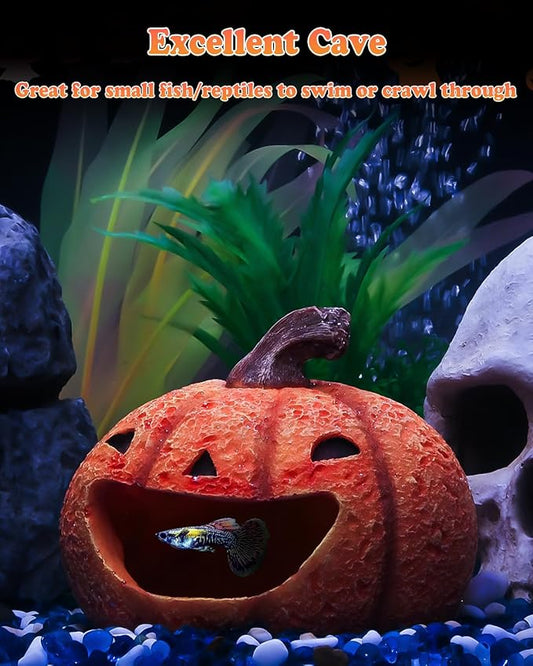 Uniclife Halloween Aquarium Decoration Resin Pumpkin House Ornament Halloween Fish Tank Pumpkin Decoration for Aquarium Landscape Reptile Hideout Hideaway Spawning Cave for 5-20 Gallon Fish Tanks