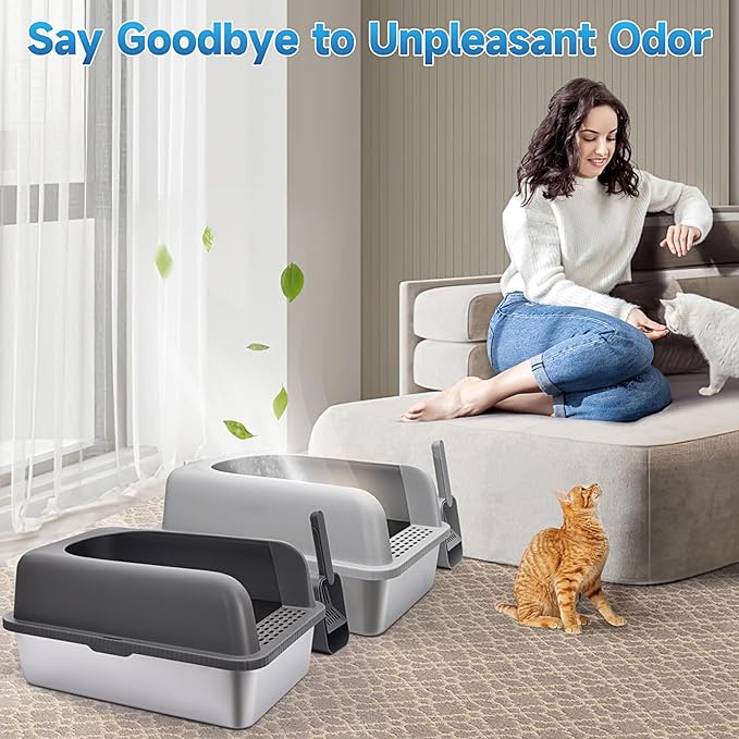 2 Pack Stainless Steel Cat Litter Box with Lid, XL Extra Large Metal Box for Big Cats, 24" L x 16" W x 12" H, Enclosed Litter Box High Sided, Non-Sticky, Include Litter Scoop