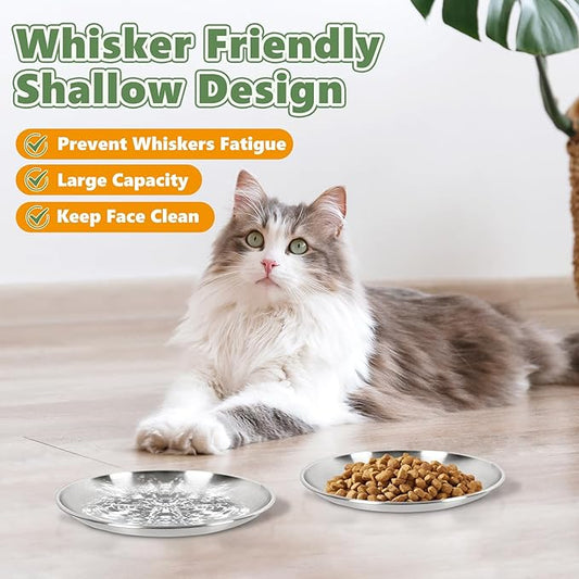 Stainless Steel Cat Bowls Set – 6.7" Whisker Friendly Shallow Dishes, Dishwasher Safe Food & Water Plates for Indoor/Outdoor Cats, 13oz (SUS304, 7Pcs)