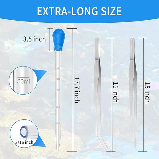 2 Piece Aquarium Coral Feeder with 2 Piece Stainless Steel Feeding Long Tweezers Syringe Spot Coral Feeder Reptile Feeding Tools for Aquatic Plant Reef Anemones Lionfish (Blue, Silvery)