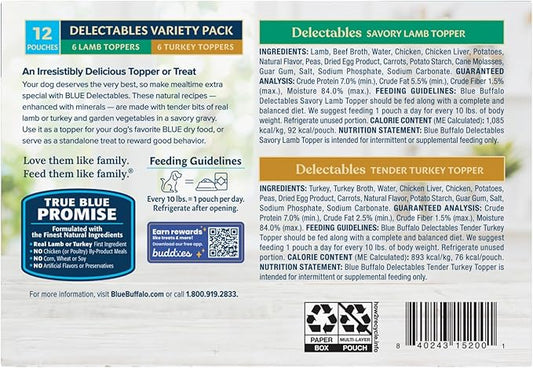Blue Buffalo Delectables Natural Wet Dog Food Topper Variety Pack, Lamb & Turkey Dinner 3oz (12 Pack - 6 of Each Flavor)