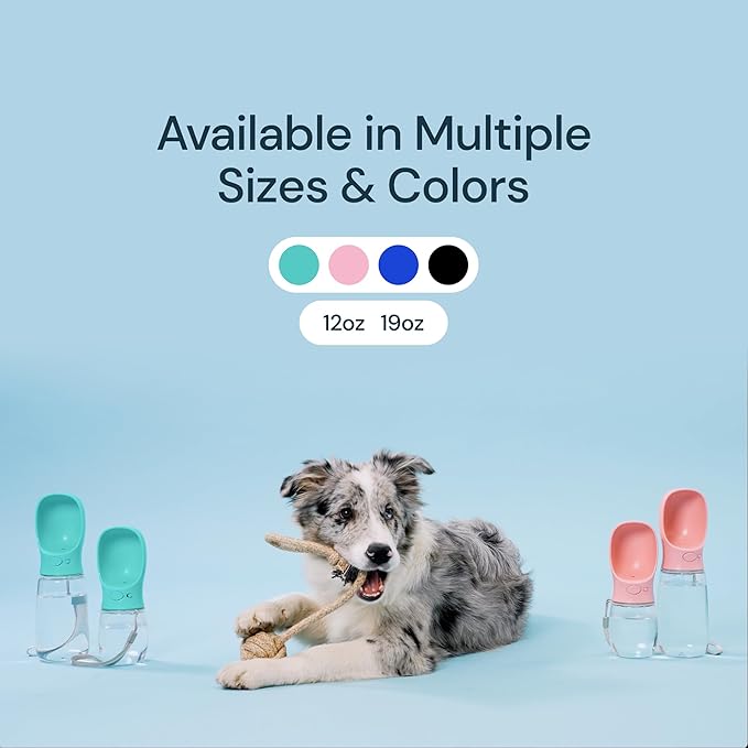 MalsiPree Leak Proof Portable Dog Water Bottle & Dog Travel Water Bottle Dispenser with Bowl - 12 oz, Blue - Food Grade Plastic- Puppy Essentials - Pet Travel Portable Doggy Bowl