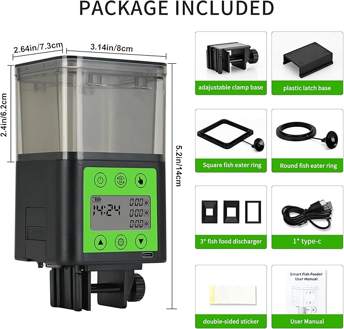 Automatic Fish Feeder for Aquarium with Timer, LCD Display 320ML Large Capacity Adjustable Fish Dispenser, Operated Feeders for Goldfish, Turtle for Vacation, Weekend or Daily Use(Green)
