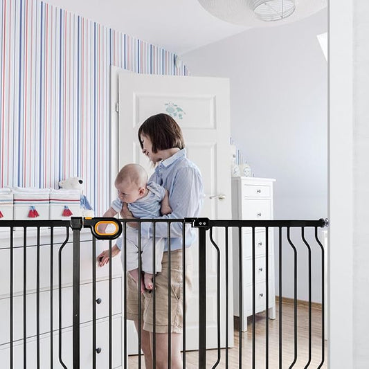 owlie Stair Baby Gate 57-66 Inch, Extra Wide Safety Gate for Baby Pet Adjustable Dog Gates Indoor Extra Wide Gates Pressure Mounted for Toddler Pet for House Stairway Doorway Black (30.5'' Tall)