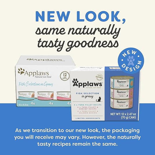 Applaws Natural Wet Cat Food in Gravy, Limited and Natural Ingredients, High Protein with No Artificial Additives, Fish Selection Variety Pack in Gravy (12 x 2.47oz Cans)