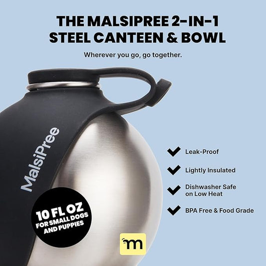 Malsipree 2-in-1 Portable Dog Water Bottle & Bowl for Small Dogs - Leak Proof & Insulating - Travel Water Dispenser - Stainless Steel Bottle & Silicone Bowl - Walking & Hiking (10 fl oz, Black)