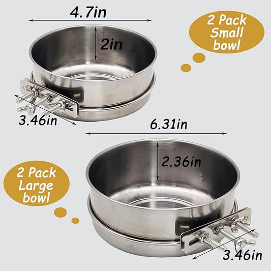 Hamiledyi 2 Pcs Dog Crate Bowl Stainless Steel Puppy Bowls Durable Spill-Proof Pet Water Bowl Hanging Water/Food Metal Bowls for Puppy Medium-Sized Dogs Cats (4.7" x 2" & 6.3" x 2.3")