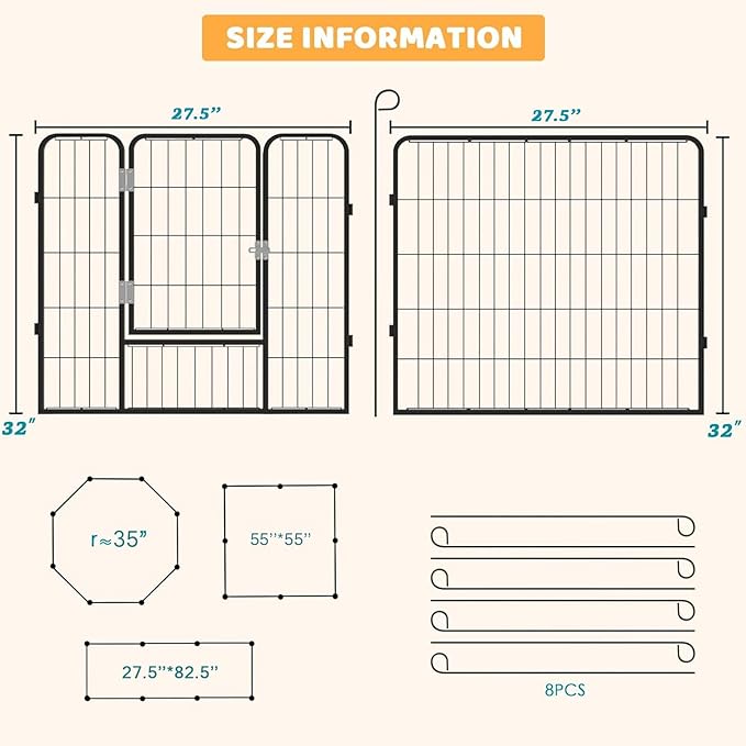 OFIKA Heavy Duty Metal Dog Playpen for Medium/Small Animals, 8 Panels 32âHeight x 27" Width, Dog Fence Exercise Pen with Doors, Pet Puppy Outdoor Playpen Pen for Outdoor, Indoor, RV, Camping, Yard