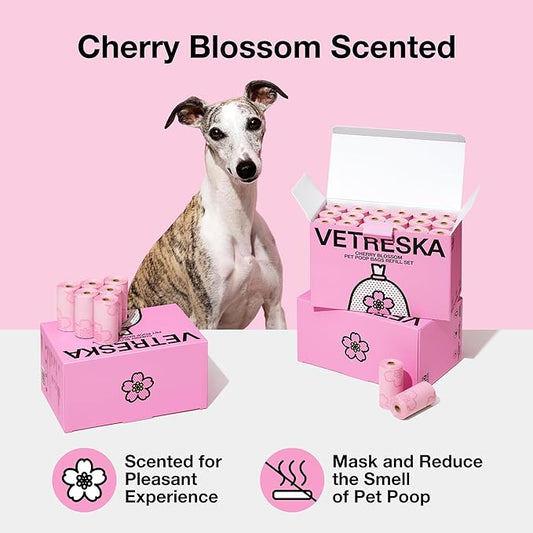 VETRESKA Cherry Blossom Scented Dog Poop Bags, Leak Proof, Extra Thick and Large Pet Waste Bags for Dogs Walking and Cat Litter, 36 Refill Rolls, 540 Poop Bags, Pink