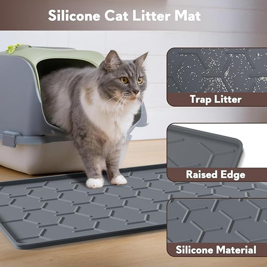 Cat Litter Box Mat, Silicone Kitty Litter Mat, 24" X 16" Waterproof Silicone Pad for Floor, Dark Gray