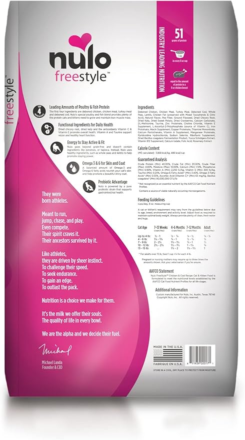 Nulo Freestyle High Protein Cat & Kitten Food, Chicken & Cod Recipe - Natural Grain-Free Dry Cat Food with Omega Fatty Acids & Probiotics, 4 lb Bag