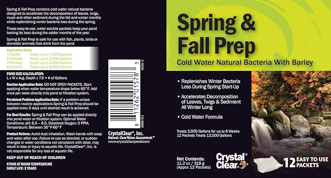 CrystalClear Spring & Fall Prep - Cold Water Natural Bacteria with Barley - 12 Packets Treats Up to 12,000 Gallons