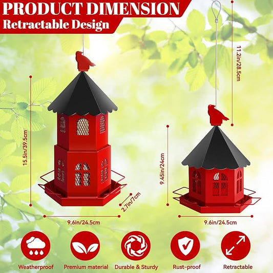 Bird Feeders for Outdoors Hanging, ULENDIS Metal Bird feeders for Outside Attracting Wild Birds, Installation-Free Large Bird Feeder for Garden Cardinal Finch Blue Jay (Red)