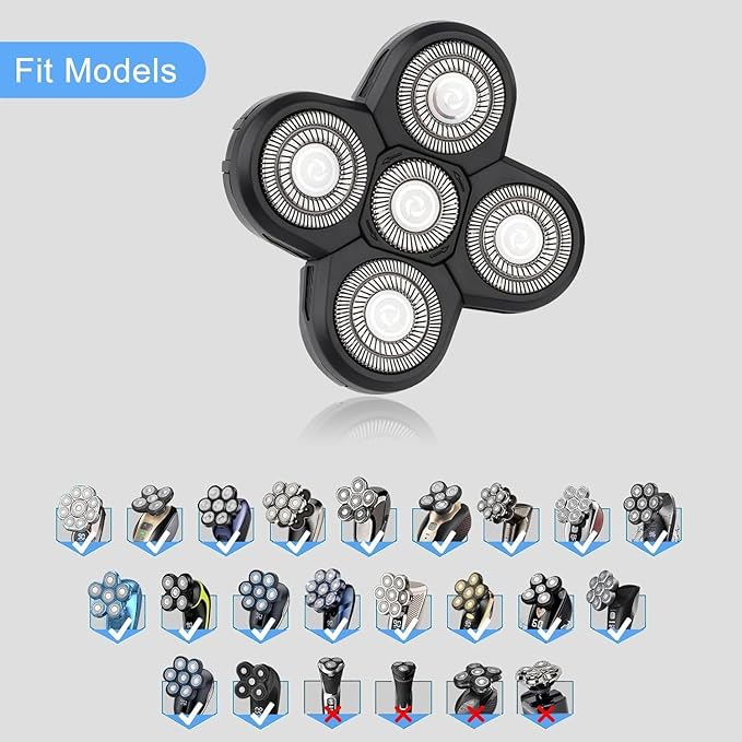 Universal 5 Blades Shaver Replacement Heads Compatible with Freebird SHPAVVER Wyklaus freedom Head Shaver, Compatible with Most Major Brands, with Easy Clean Brush Blade Cover