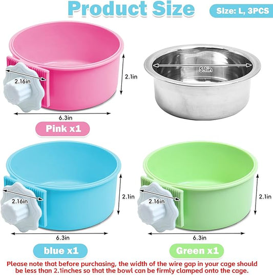 kathson Crate Dog Bowl, Removable Stainless Steel Hanging Pet Cage Bowl Food & Water Feeder Coop Cup for Cat, Puppy, Birds, Rats, Guinea Pigs (3 PCS, Size: L, Blue, Green, Pink)