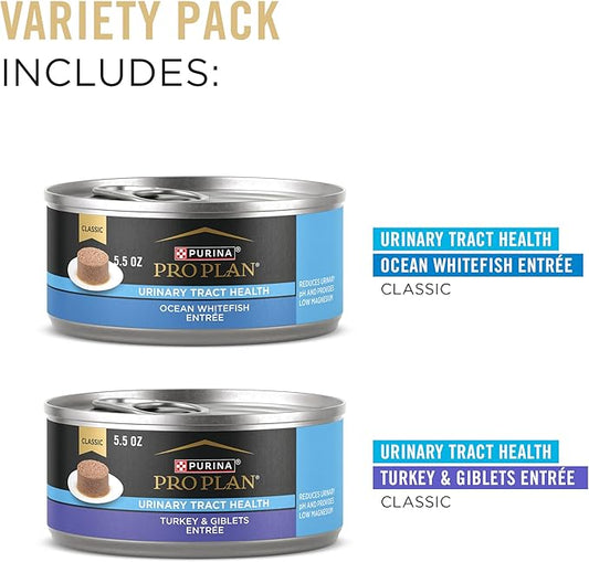 Purina Pro Plan Urinary Tract Health Pate Cat Food Variety Pack, Turkey and Giblets, and Ocean Whitefish Entrees - (Pack of 12) 5.5 oz. Cans