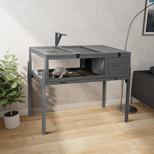 GEGURI Tortoise Habitat Indoor & Outdoor, Wooden Tortoise House with Detachable Legs, Reptile Cage for Small Animals