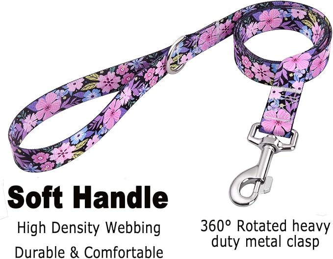 Dog Collar and Leash Set with Bohemia Floral Tribal Geometric Patterns - Soft Ethnic Style Collar Adjustable for Small Medium Large Dogs(Pink Floral Set,S)
