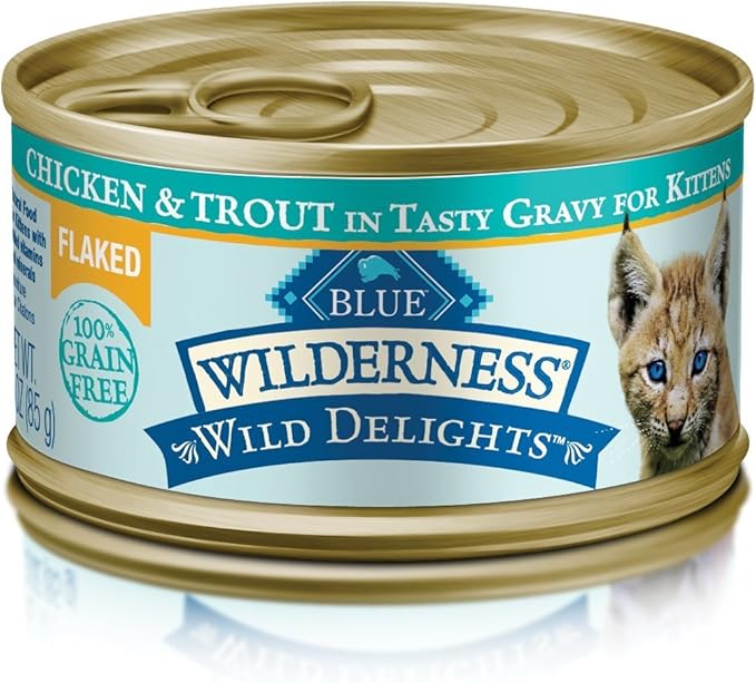 Blue Buffalo Wilderness Wild Delights Natural Wet Food for Kittens, Flaked Chicken & Trout in Tasty Gravy, 3-oz. Cans, 24-pack