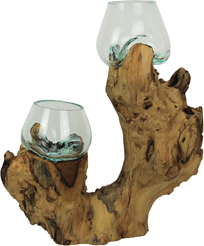 Molten Glass On Root Wood Double Decorative Bowl Vase Plant Terrarium - Boho Style for Tabletops