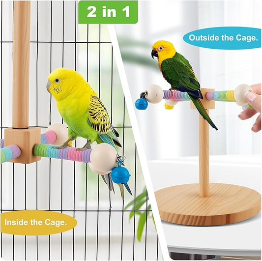 Bird Perch Toy,360°Interactive Rotating Bird Perches for Cage,2-in-1 Wooden Stand Can be Used Inside&Outside Cage,Parrot Toys for Parakeets Lovebirds Conures Budgies Cockatiels