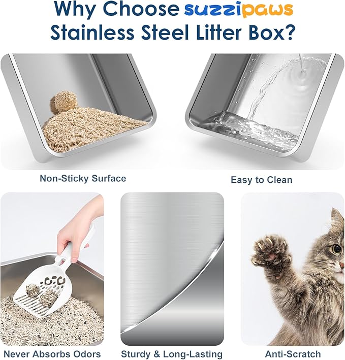 8" Deep Stainless Steel Cat Litter Tray with Lid Extra Large Litter Box for Big Cats XL Metal Litter Box Pan with High Wall Sides Enclosure, Non-Sticky, Anti-Leakage, Easy Cleaning
