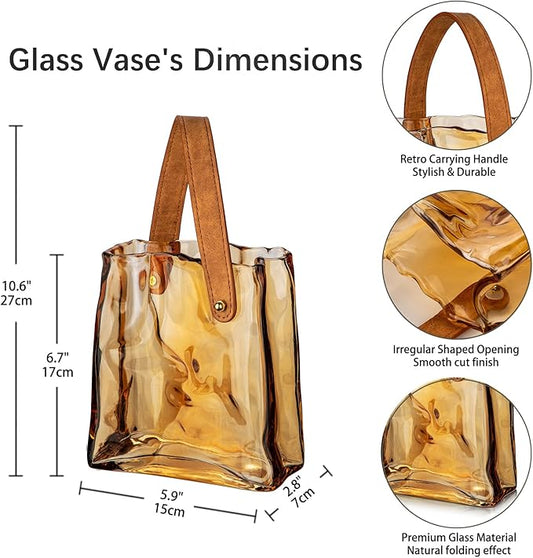 Glass Purse Vase for Flowers Amber Vases for Centerpieces Glass Bag Vase with Leather Handle Small Bag Vases for Decor Decorative Fish Bowl for Home Wedding Decor