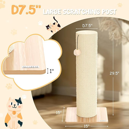 KAMABOKO 29.5" Cat Scratching Post, 7.5" Ultra-Large Diameter Natural Sisal Cat Scratch Post, Scratch-Resistant Tall Cat Scratcher for Indoor Cats, Protect Your Furniture, Beige, Pack of 2