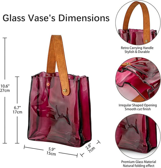 Glass Purse Vase for Flowers Brownish Purple Vases for Centerpieces Glass Bag Vase with Leather Handle Small Bag Vases for Decor Decorative Fish Bowl for Home Wedding Decor