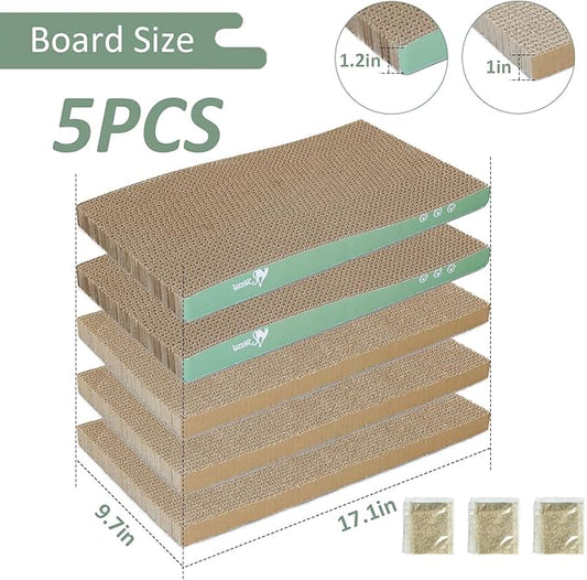 MECOOL Cat Scratching Board,5PC Cat Scratch Pad with Box,Reversible Corrugated Cat Scratcher Cardboard and Lounge Bed for Indoor Cats, Catnip