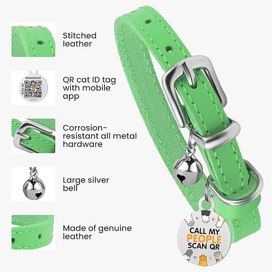 BRONZEDOG Leather Cat Collar with Removable Bells Non Breakaway Kitten QR Tag for Girl Boy (7" - 9" for Cats, Green & Silver)