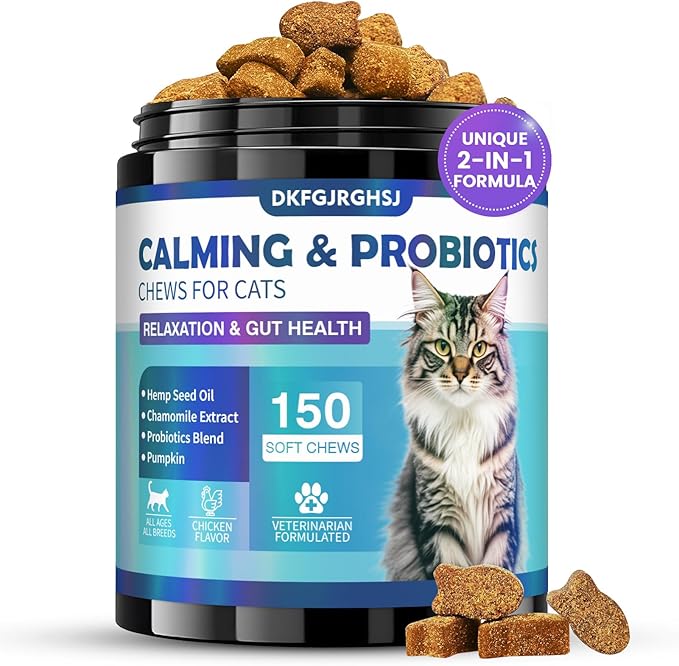 Cat Calming Treats, 150 Soft Chews Hemp Calming for Cats Gut Health with Probiotics, Calm Cat Treats for Anxiety and Stress Relief & Probiotic for Cats Digestive Health Chicken Flavor