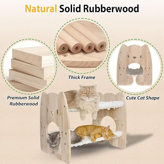 Extra Large Elevated Cat Bed, Solid Rubberwood Cat Hammock Bed with Soft Breathable Cover, Double Pet Beds for Multi-Cats Households Small Dog Rabbit