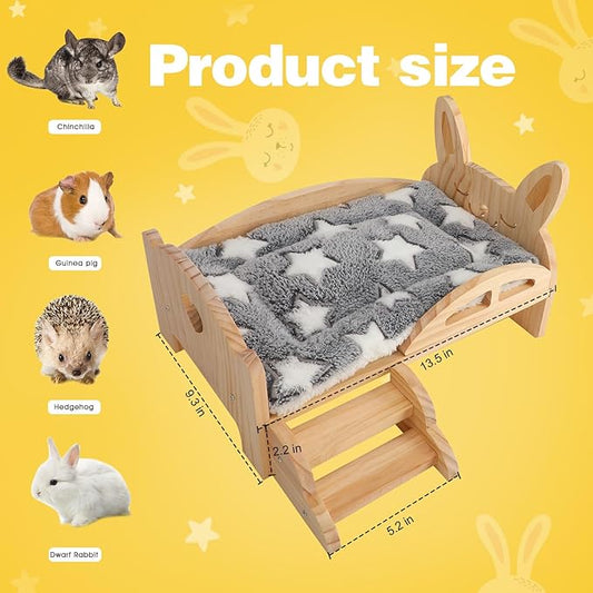 Rypet Wooden Guinea Pig Bed with Stairs and Mat Cozy Small Animals Cushion Bed Detachable Small Pet Hut Habitats for Guinea Pig Dwarf Rabbit Chinchillas Hamster Ferret
