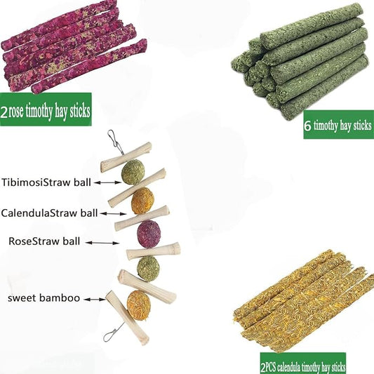 28PCS Bunny Chew Toys for Teeth, Natural Rabbit hamstersToys Apple Wood Grass Timothy Sticks Chew and Treat for Guinea Pigs Chinchillas