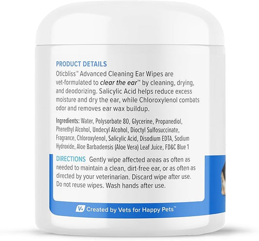 VETNIQUE Oticbliss Advanced Cleaning Ear Wipes for Dogs & Cats for Odor Control, Dirt and Wax Removal with Soothing Aloe Vera, Drying Agent and Vitamin E, Clear the Ear 100ct Wipes