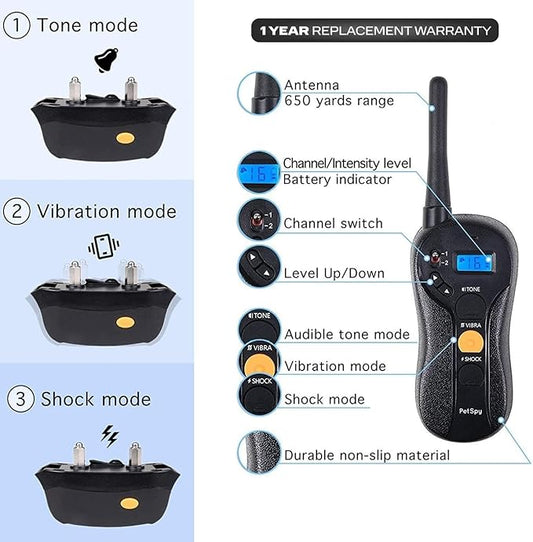 PetSpy Shock Collar for Dogs-Waterproof Dog Shock Collar with Remote Control,Vibration,Electric Shock,Beep-Rechargeable E Collar for Dogs Training, Dog Training Collar with Remote for Dogs 10-140 LBS